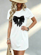 Printed Design - Not Textured, Casual Ladies Dress, Black Bowknot Pattern, Daily Wear, Gift for Girlfriend, 100% Polyester Fiber - White