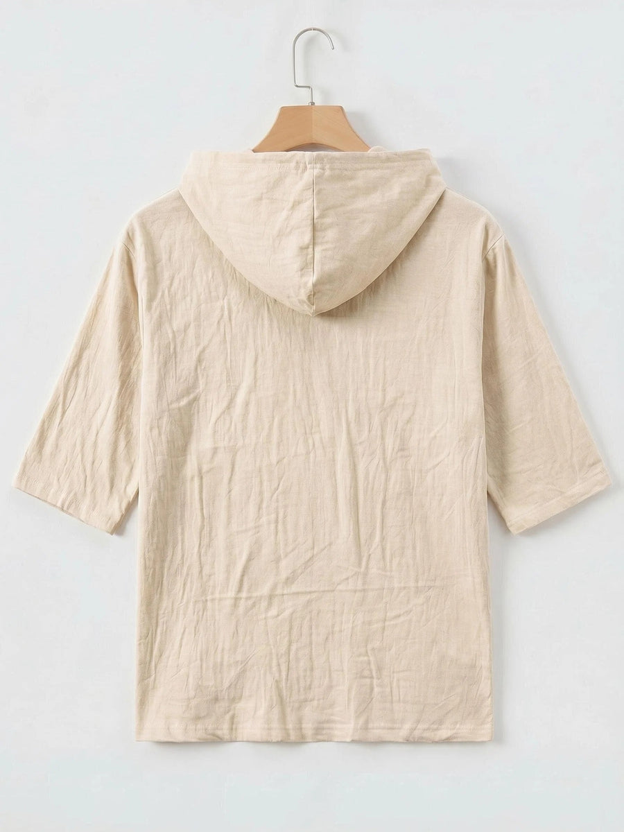 Men'S Linen Short-Sleeved Hoodie, Fashionable Men'S Top, Short-Sleeved Hoodie, Individual Trend, Comfortable And Breathable Fabric, Suitable for Outdoor Leisure, Camping, Vacation, Beach, Daily Street Wear - Khaki