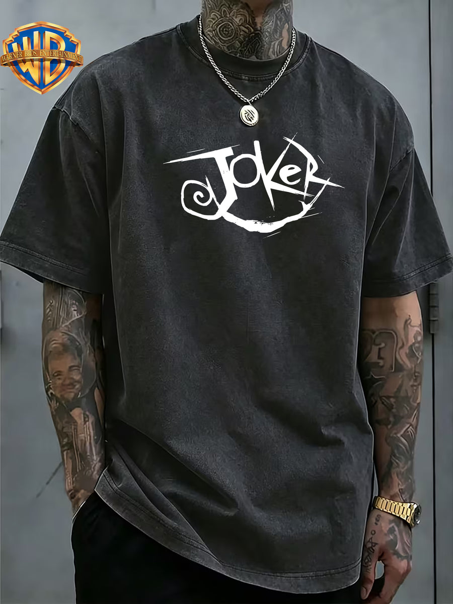 Joker JOKER Casual HA Smile Front Back Print Washed T-Shirt, Men'S 100% Fabric, Casual Comfortable Style, Loose Fit Breathable Short Sleeve Men'S Casual Top, Distressed Washed Loose Fit - Black