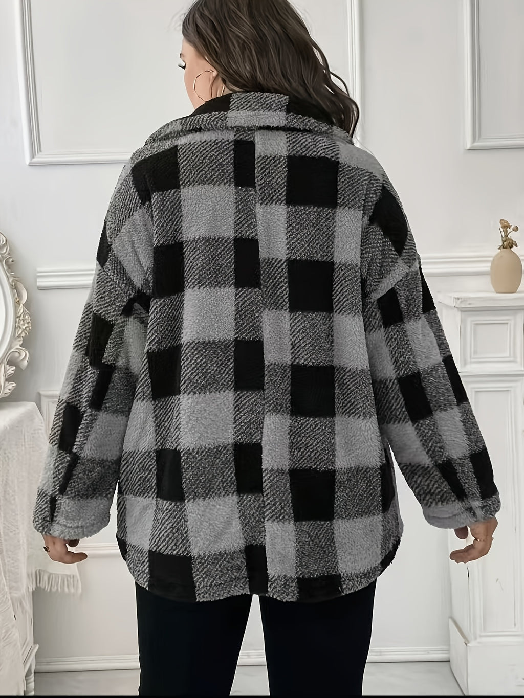 Women's Casual Plaid Jacket, Warm Loose Plush Patchwork Casual Outerwear - Deep Grey