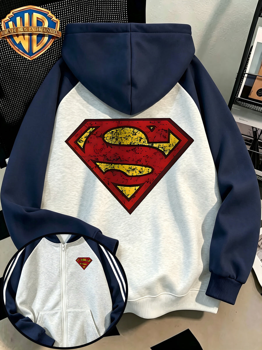 Men'S Drop Shoulder Color-Block Hooded Zipper Cardigan Sweatshirt, DC Retro Cracked Superman Logo Print, Autumn/Winter Loose Contrast Striped Sporty Hoodie, Trendy Fashion Casual All-Match Sporty Zipper Pocket Hooded Men'S Sweatshirt - Gray And Navy Blue