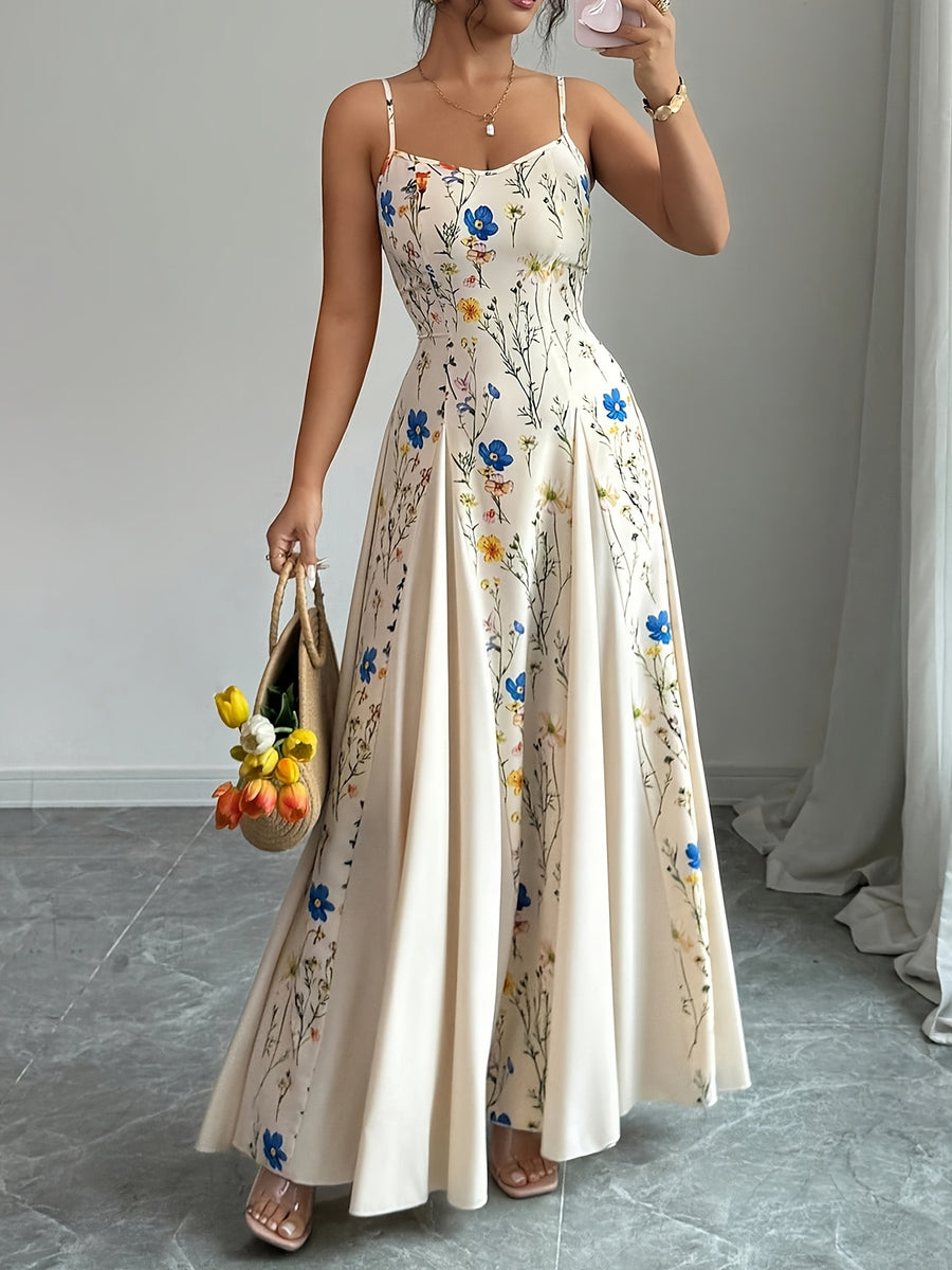 Spring And Summer New Elegant Resort European And American Fashion Trend Casual Women'S Clothing Floral Print Sleeveless Square Neck Suspender Dress - Apricot