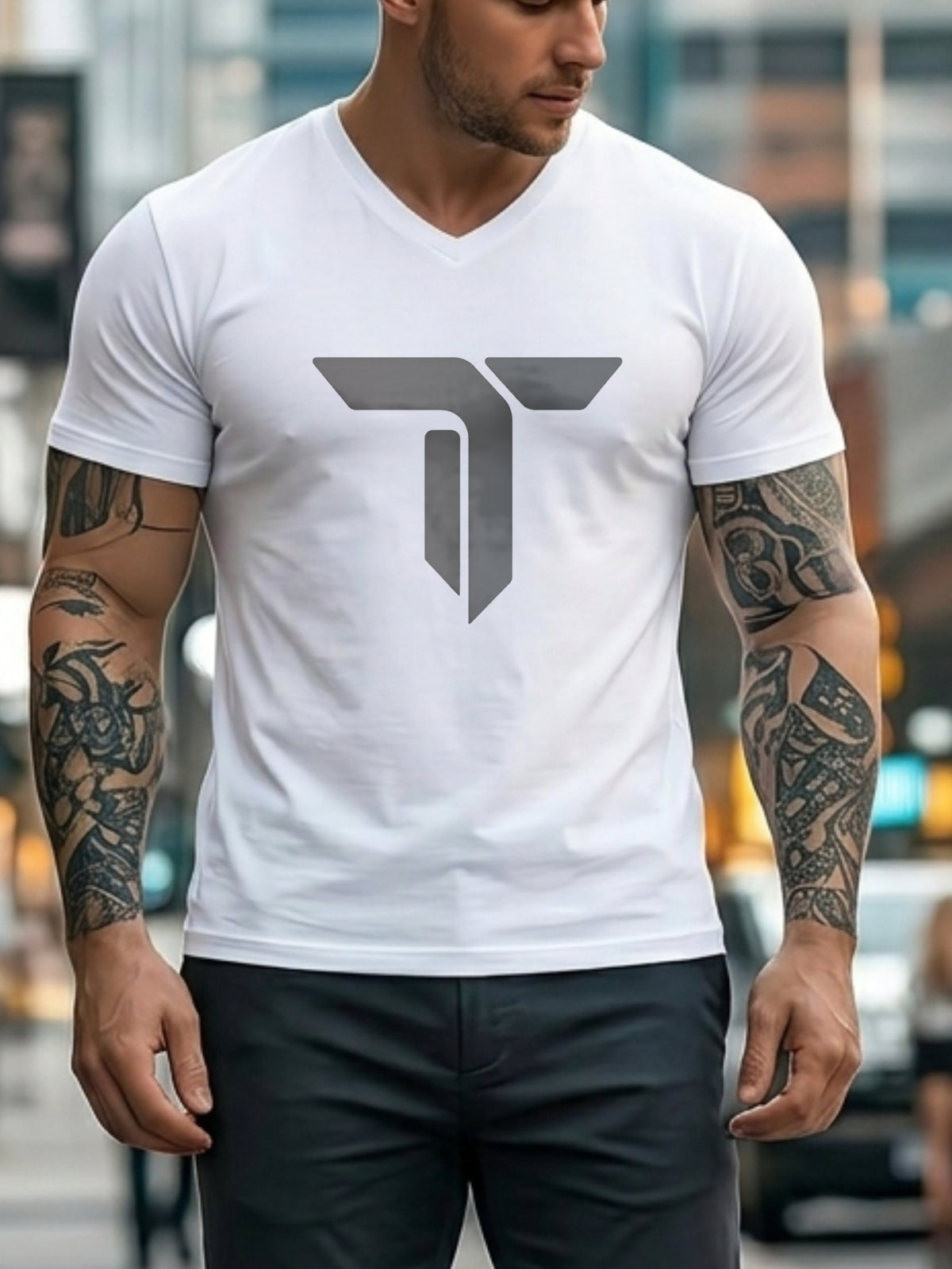 Men's V-neck Pure Cotton Short Sleeve Geometric Logo Design Leisure T-shirts Outdoor Sports Home Essentials Machine Washable and Hand Washable - White