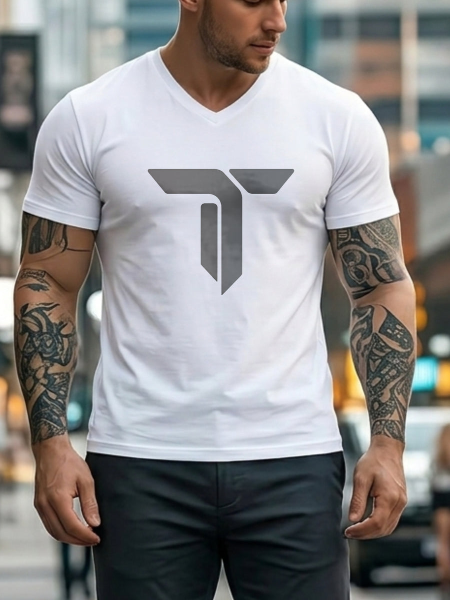 Men's V-neck Pure Cotton Short Sleeve Geometric Logo Design Leisure T-shirts Outdoor Sports Home Essentials Machine Washable and Hand Washable - White