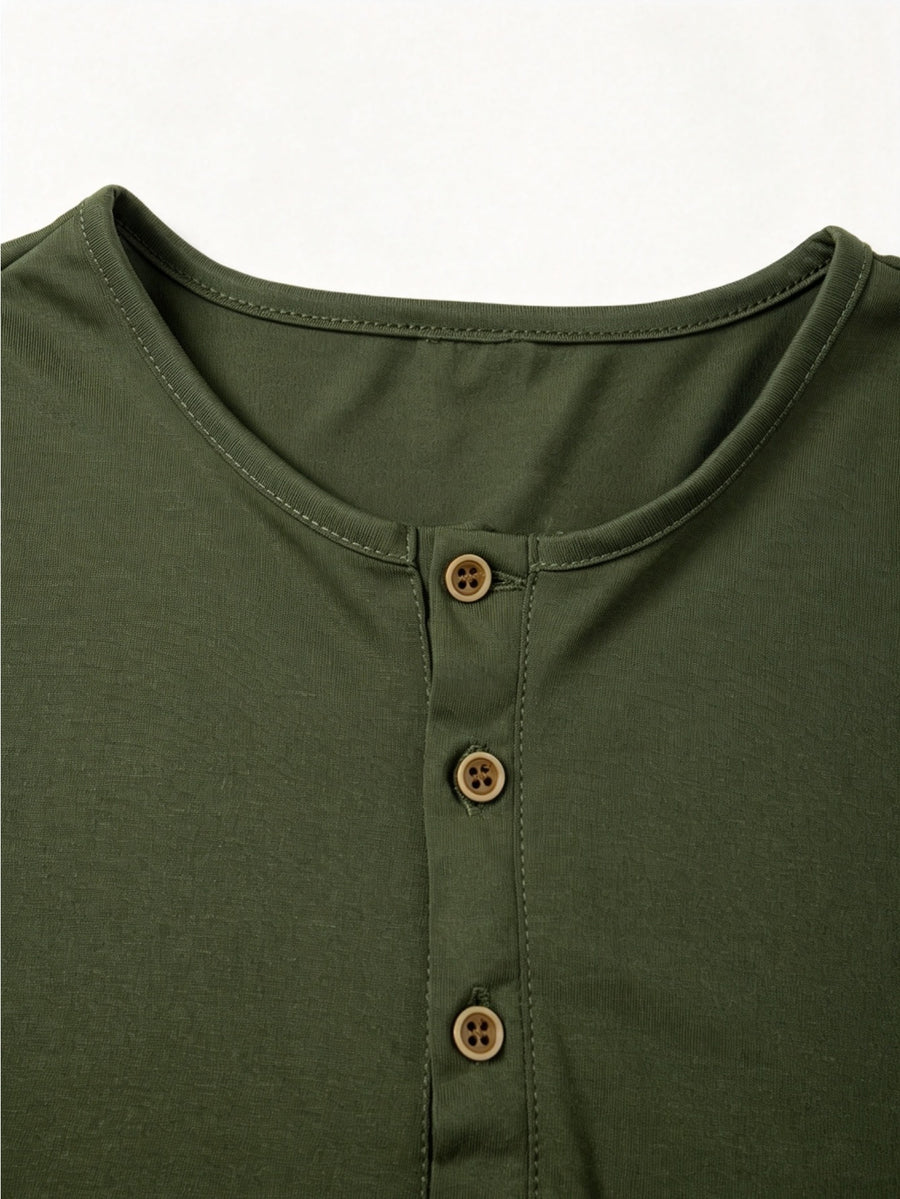 Men'S Classic Retro Henley Long Sleeve T-Shirt 5pcs, American Casual Solid Color Half-Button Up Top, Spring Fall Winter Men'S Comfortable Versatile Base Layer 5pcs, Suitable for Commuting, Business, Casual, Outdoor Activities, Travel - Black+Green+Khaki+Blue+Dark Gray