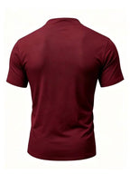 Summer Men'S Fashion Lace-Up Henley Short Sleeve Print T-Shirt, Mandarin Collar Top, Fitness Workout Training Short Sleeve - Burgundy