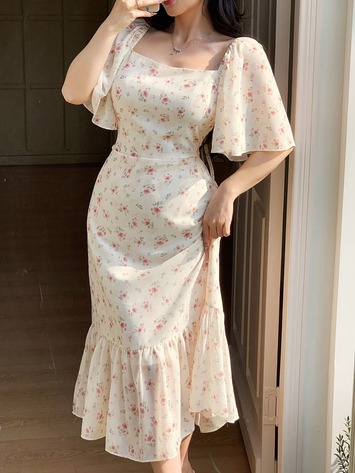 Women's Dress, Small Floral Elegant Dress, Women's Short Sleeve Holiday Dress - Apricot