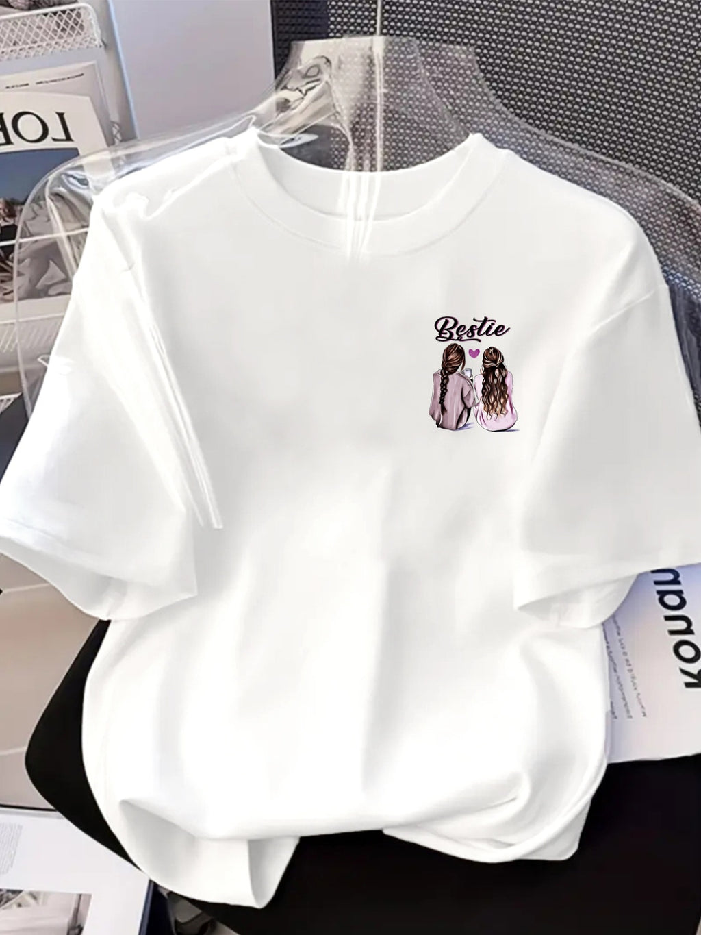 Bestie, Best Friends Print Tshirt Short Sleeve Crew Neck Casual Top for Summer Spring, Women's Clothing - White