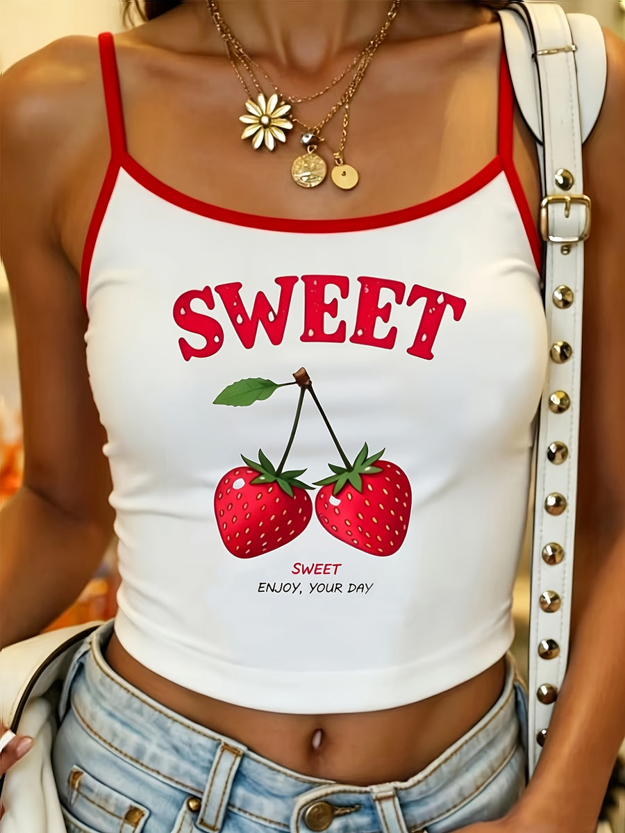 Women'S Tight Fruit Print Casual Camisole Tank Top, Summer Cami Top, Casual Vest, Vacation Vest, Casual Daily, Commute, Vacation Style, New Summer Styles - Red