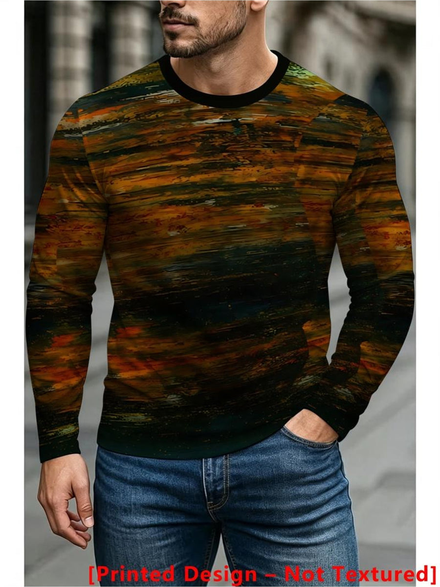 Printed Design – Not Textured New Men's Long-Sleeve T-Shirt with Vintage Brown-Green Gradient Stripe Print, Ambient Color Scheme Suitable for Daily Streetwear and Casual Outfits - Mixed colors