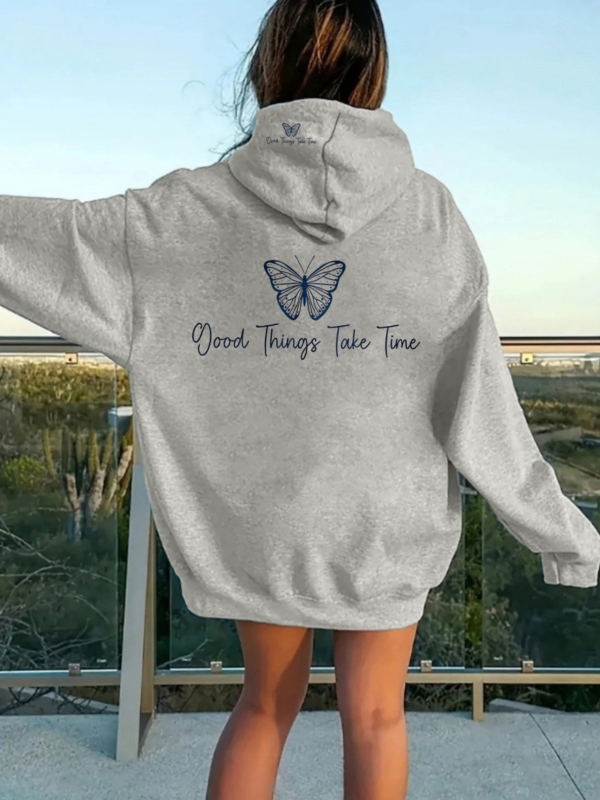 Women's Oversized Hoodie, Line Art Butterfly & 'Good Things Take Time' Inspirational Quote Print, Gentle Style Long Sleeve Casual Hooded Sweatshirt with Kangaroo Pocket, Daily S Versatile Elegant Ladies Outfits, Sizes S-XXL - Light Grey