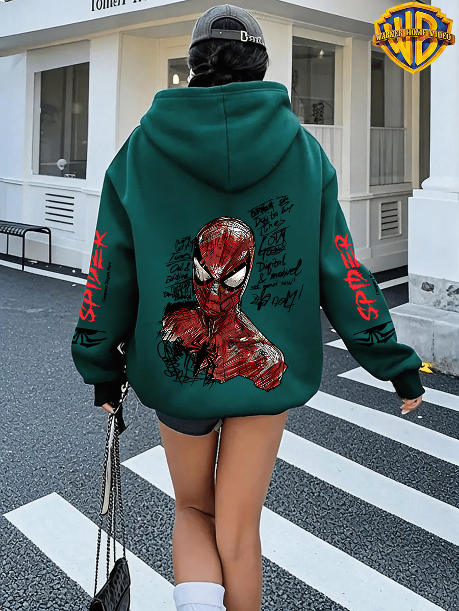 Authorized by Warner, Women'S Hoodie, Sketched Half Body Spider- Print, Casual Zipper Jacket with Pocket, Autumn/Winter Hoodie, Comfortable And Versatile with Pattern - Green