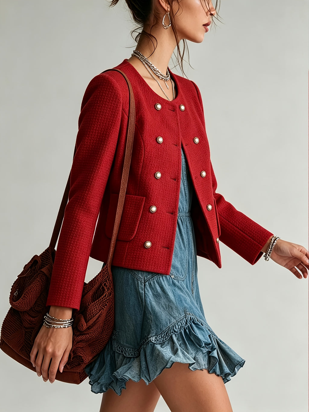 Red High-End Women's Blazer, Elegant and Stylish, Classic Elegant Style, French-Style Regular Blazer, Elegant, Long Sleeve, Double-Breasted with Pearl Buttons, Round Neck, Tie, Lined Jacket - Red
