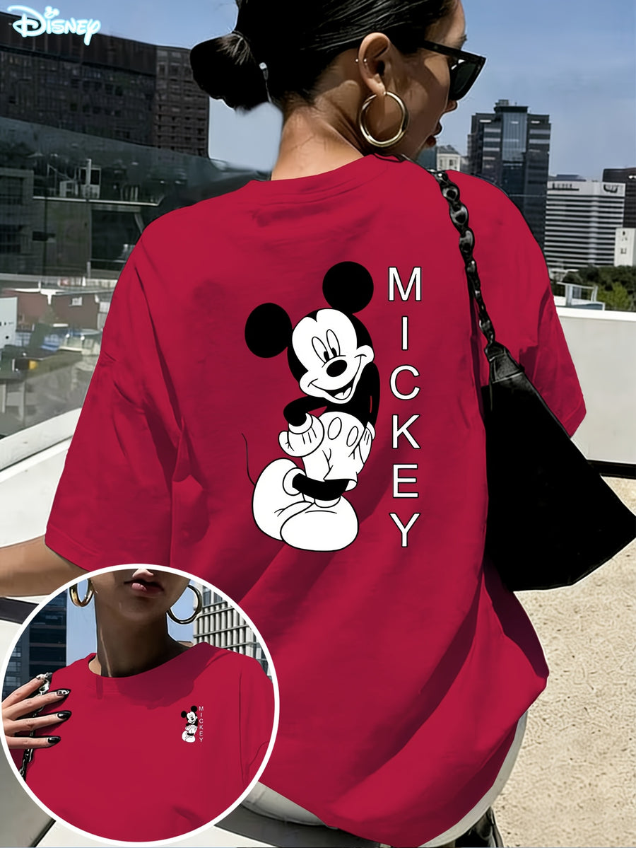 Hot Spring Summer Women'S Casual T-Shirt, Women'S Fashion Clothing, Authorized, Mickey Classic Black And White Image Joyful Pose Side Smile Print, Women'S Fashion Versatile Short Sleeve, Women'S Short Sleeve Top, Daily Outing, Fashion Versatile - Red