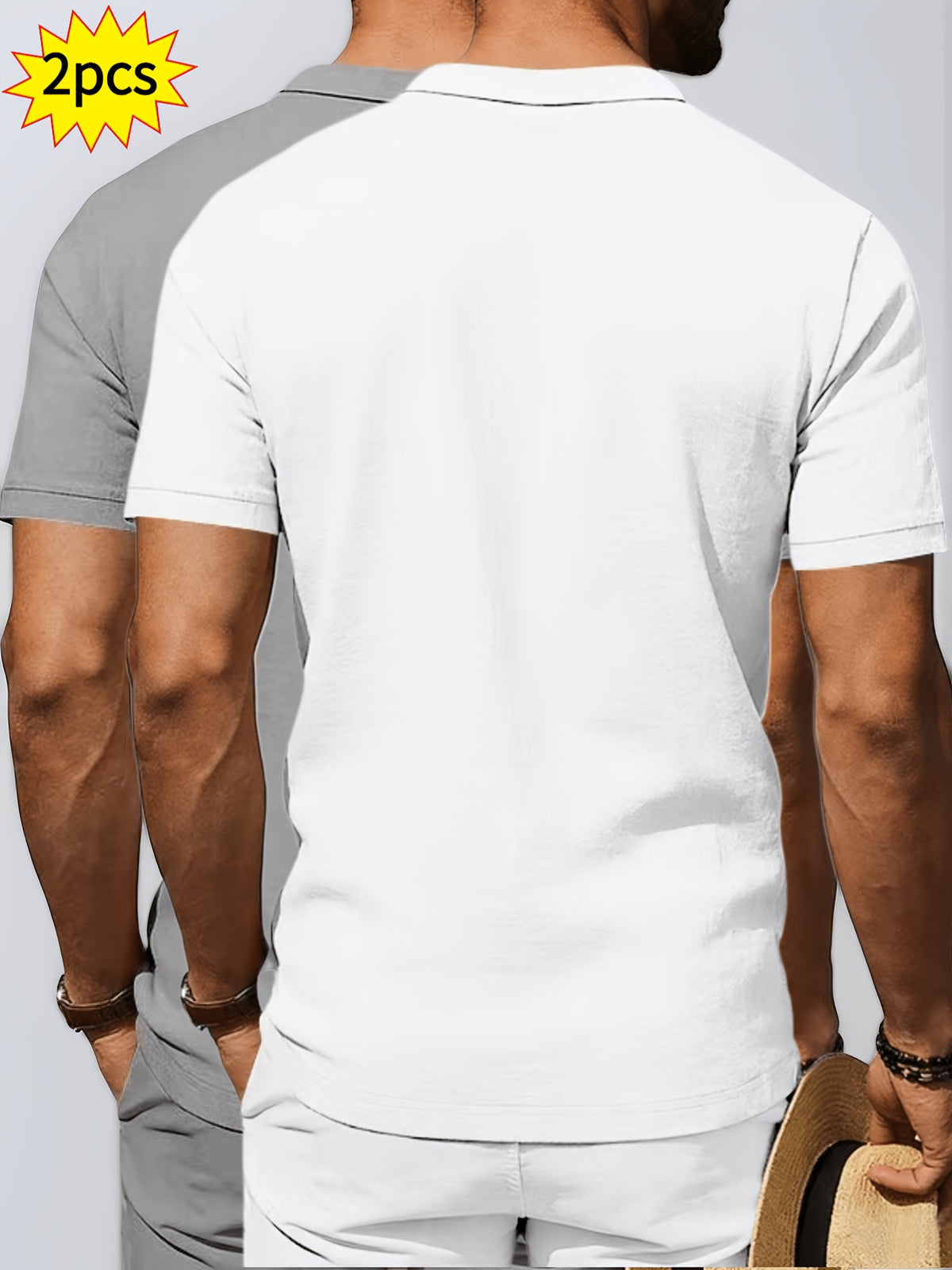 2pcs Summer Cooling Linen Polo Shirt Set, Men'S Breathable Solid Casual Shirts - White+gray