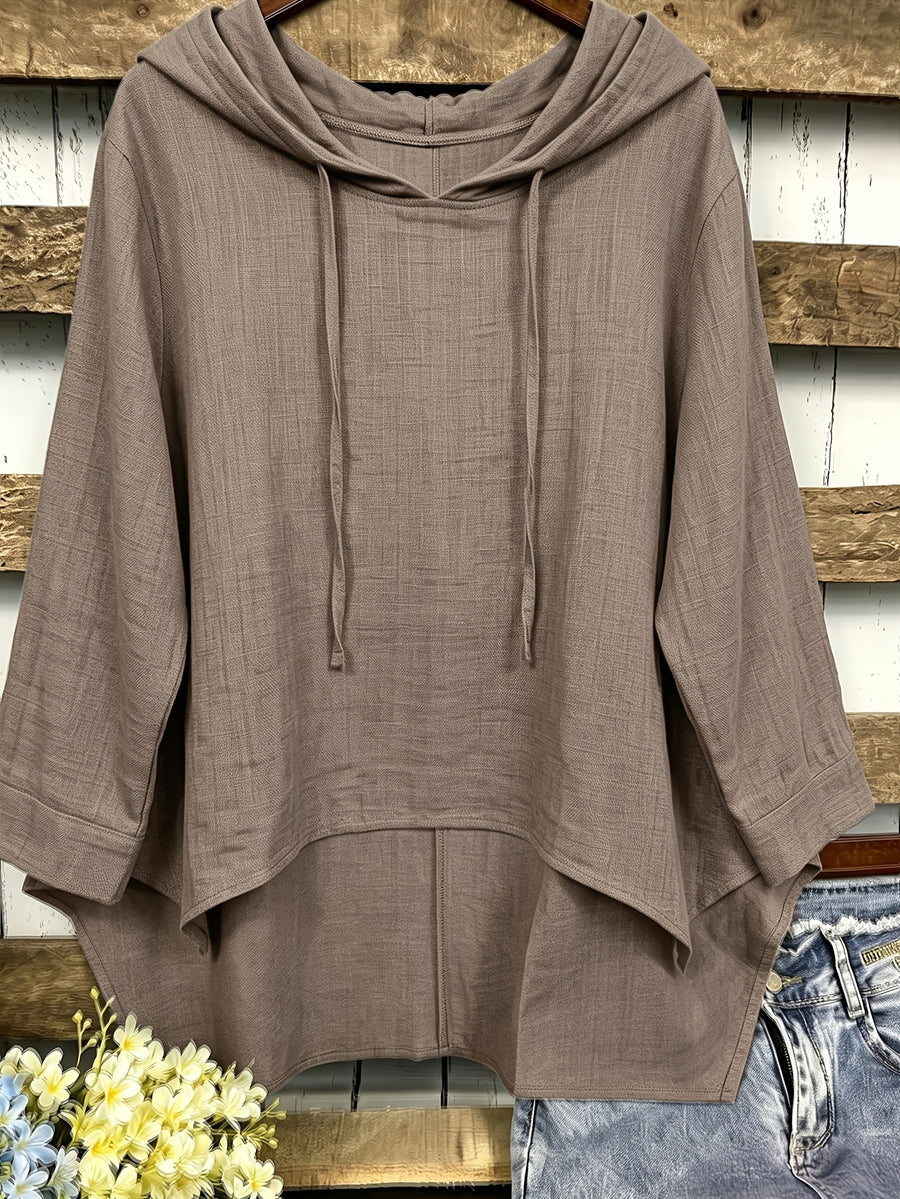 Plus Size, Plus Size Women's Hooded Shirt, Solid Color Irregular Hem Loose Fit Casual Shirt Top - Khaki