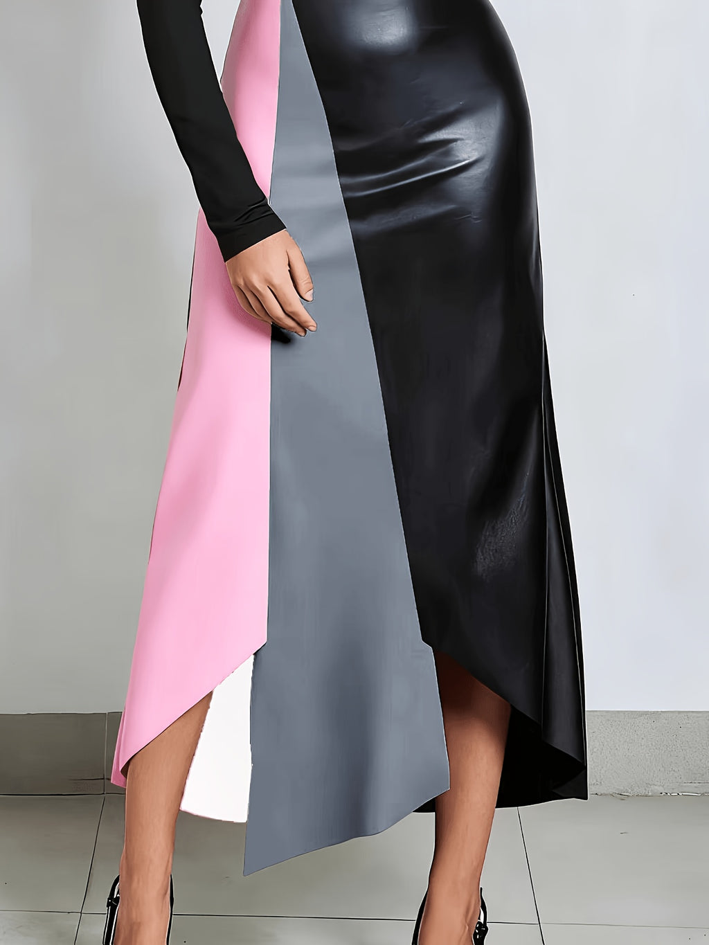2026 Spring Summer New Arrival Skirt: Irregular Color Block Patchwork, Strong Design Sense, Bodycon Slim Fit Shapes Curves, Minimalist Fashion & Sexy, Y2K Style, Suitable for Casual, & Office Women'S Wear - Pink, gray and black contrast