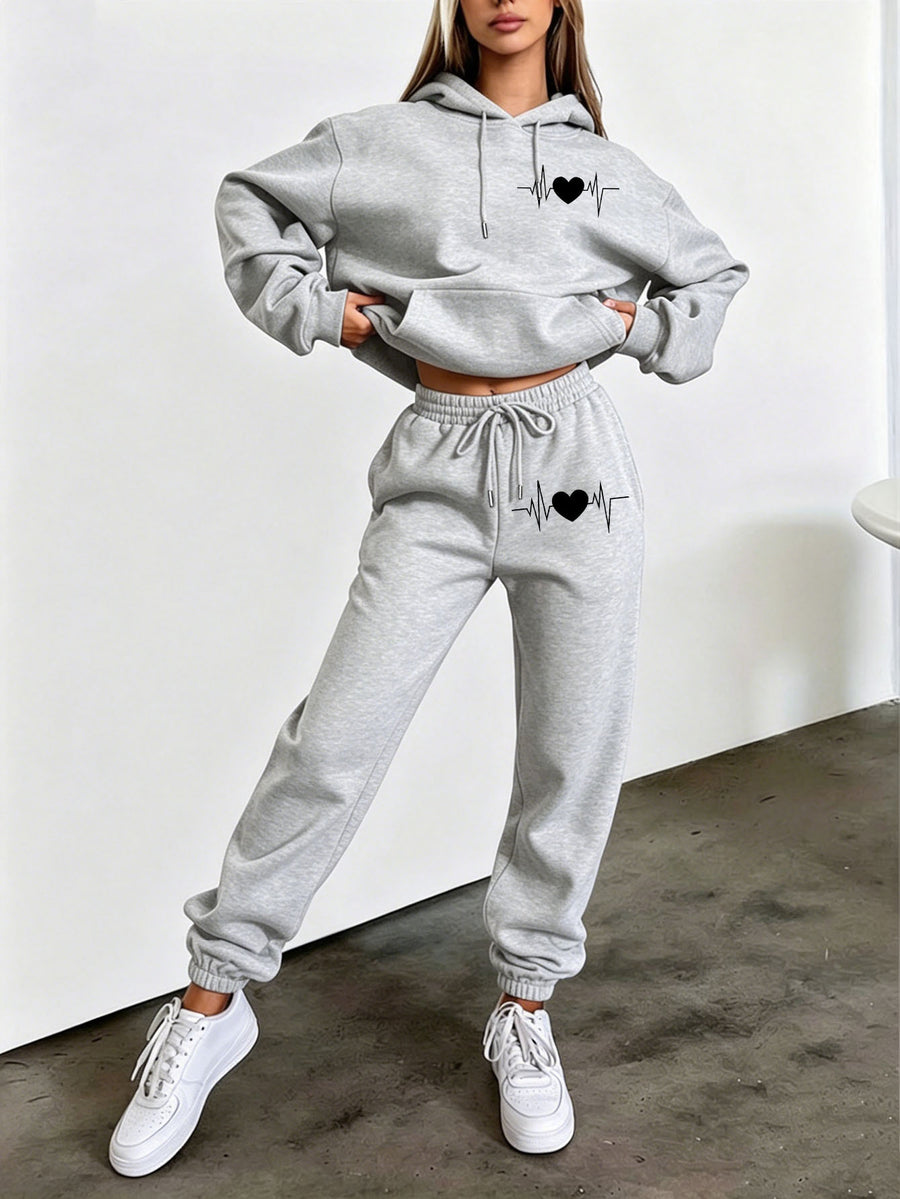 Autumn/Winter Trendy Fashion Women's Hooded Drawstring Sweatshirt and Sweatpants Set with Heartbeat Line Art Heart Print, Minimalist Gentle Style, Comfortable Outfit for Cold Weather, Classic Silhouette, Comfortable Fit, 2pcs Set for Casual - Light Grey