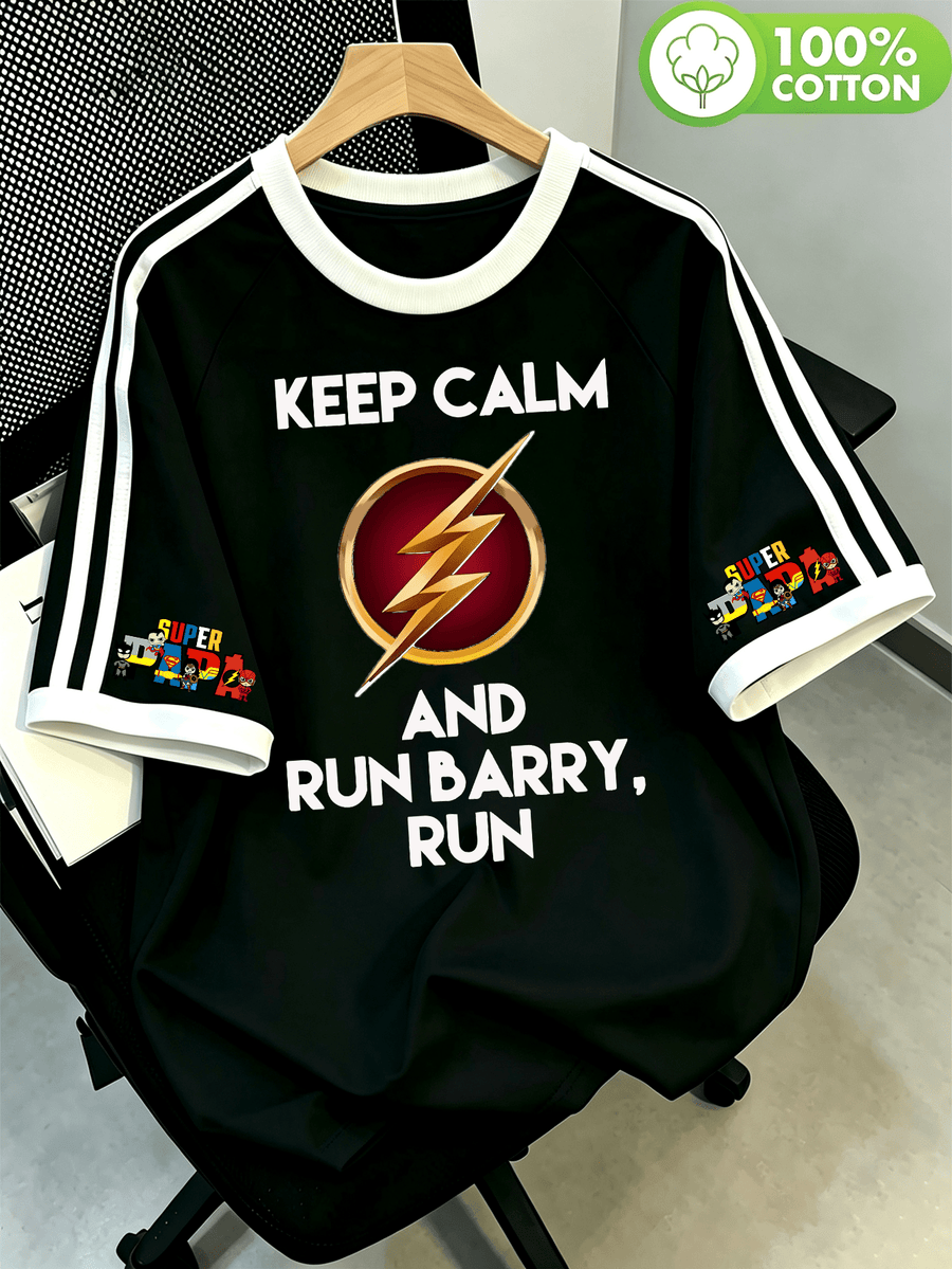 WB Warner Bros. Official License, New Men'S Double Stripe Shoulder Cutout 100% T-Shirt, Flash Barry Allen Classic Slogan Print Design, Men'S Casual Versatile T-Shirt, Suitable for Daily Wear And Outdoor Sports, Unisex - Black