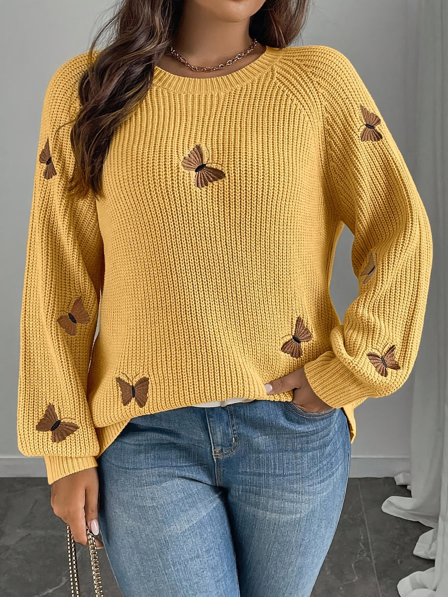 Elegant Long Sleeve Autumn/Winter Sweater with Butterfly Pattern | Crew Neck, Solid Color - Yellow
