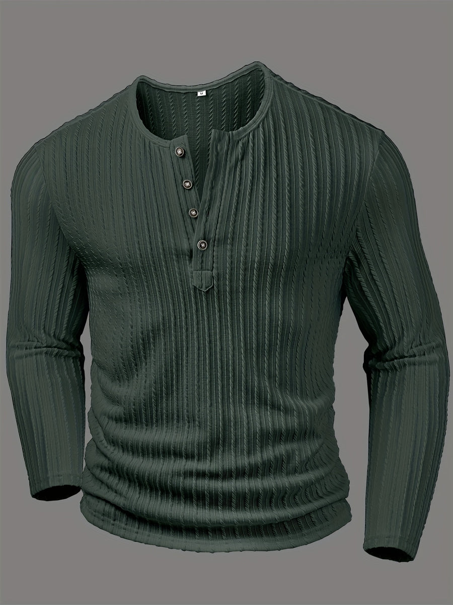 Men's Fashion Top T-Shirt, Autumn Winter Casual Textured Fabric Solid Color Knit Crew Neck Button Long Sleeve Henley Shirts - Olive Green