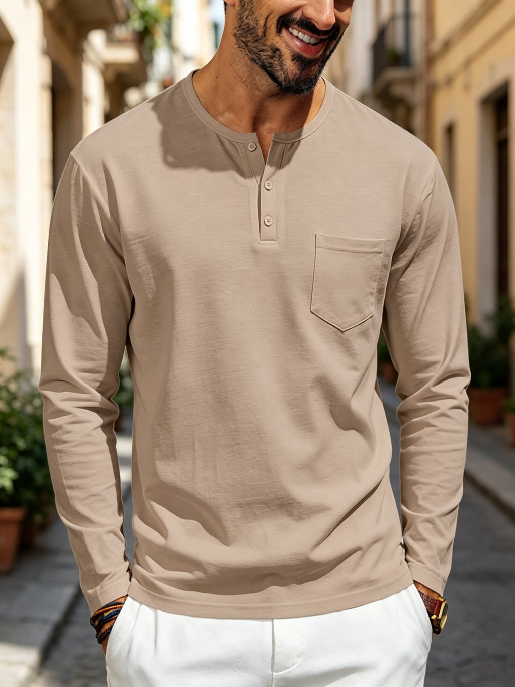 Men's Henley Long Sleeve T Shirts, Solid Color Crew Neck Pullover Tops with Chest Pocket, Breathable Soft Casual Loose Fit Long Sleeve Shirts, All Seasons Basic Undershirt for Daily Commute Outdoor, Versatile Minimalist Men Clothing Multiple Sizes& - Khaki