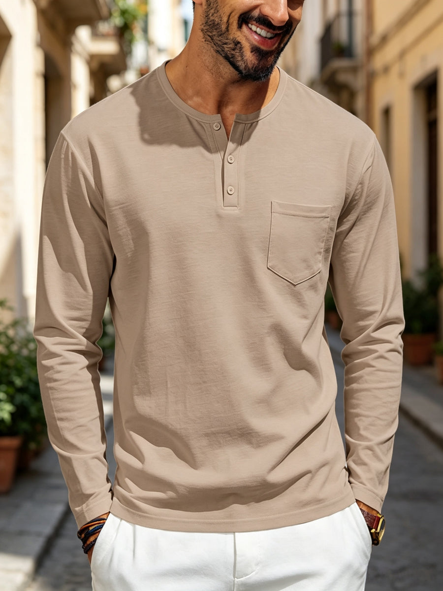 Men's Henley Long Sleeve T Shirts, Solid Color Crew Neck Pullover Tops with Chest Pocket, Breathable Soft Casual Loose Fit Long Sleeve Shirts, All Seasons Basic Undershirt for Daily Commute Outdoor, Versatile Minimalist Men Clothing Multiple Sizes& - Khaki
