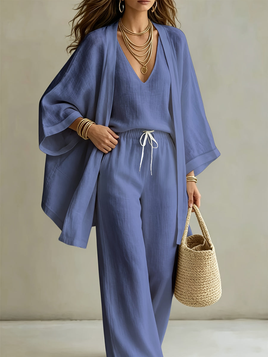 3pcs Set, Women's Spring/summer Vacation-style Loose Spaghetti Strap Tank Top with Cardigan and Loose Wide-leg Pants Casual Set, Elegant and Fashionable, Comfortable and Casual, Suitable for Commuting Wear - Fog Blue