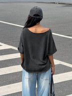 Spider Print Loose Casual Off-Shoulder Washed T-Shirt, One-Shoulder Round-Neck Women'S T-Shirt for Summer Commuting Fashion - Deep Grey