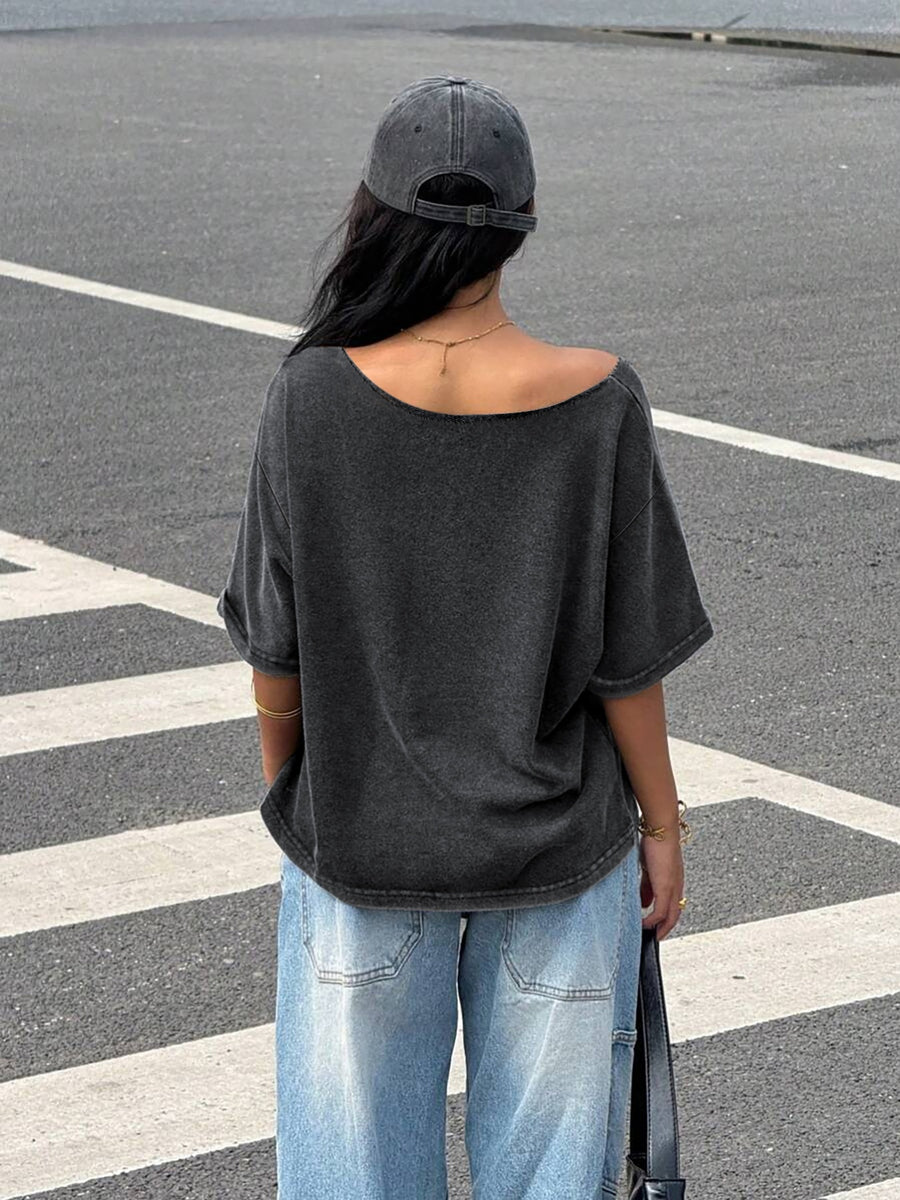 Spider Print Loose Casual Off-Shoulder Washed T-Shirt, One-Shoulder Round-Neck Women'S T-Shirt for Summer Commuting Fashion - Deep Grey