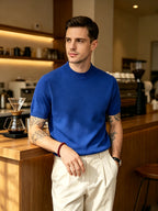 Men's Minimalist Urban Style Half-Turtleneck Short-Sleeve Knit Sweater with Fine Texture, Breathable for Spring/Summer Daily Wear - Klein Blue