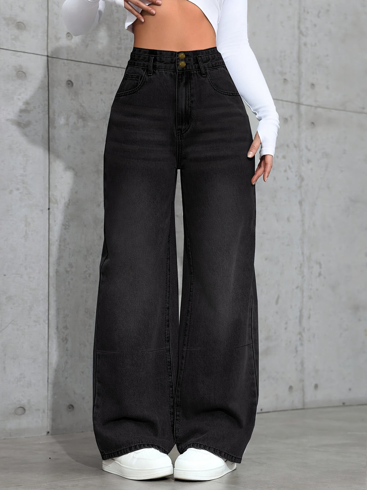 Breast Design Retro Black Jeans Women'S Fall Boyfriend Style Straight Leg Loose Casual Wide Leg Pants Halloween Denim Jeans - Black