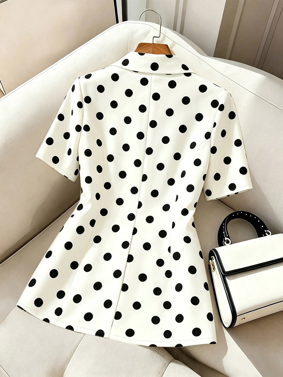Ladies' Elegant Short-sleeve Blazer with Polka Dot Print and Button Detailing, Suitable for Office Wear, Professional Business Attire, and Graduation Ceremonies - Dots