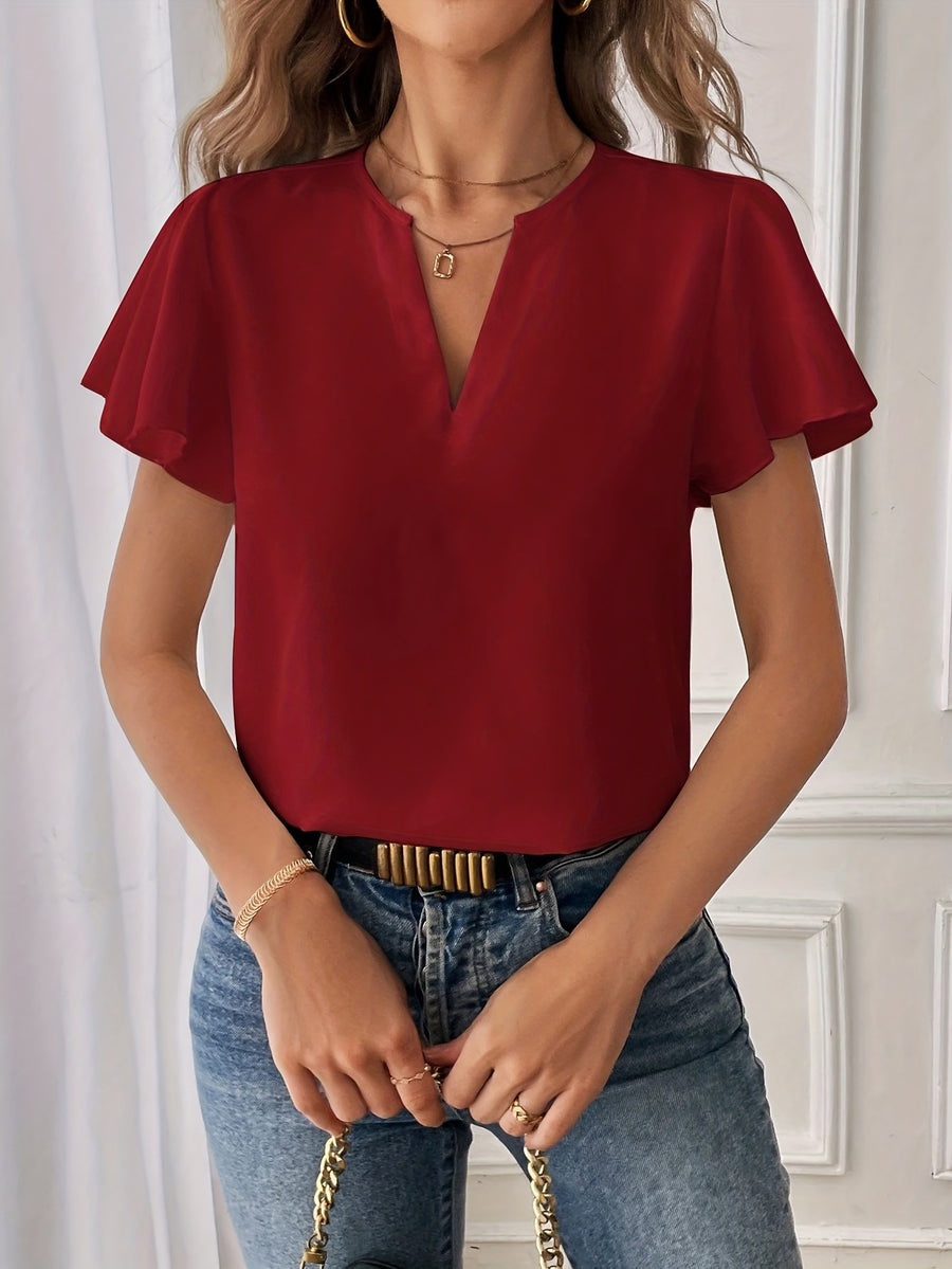 Women's Elegant V-Neck Ruffled Sleeve Blouse - Lightweight 100% Polyester Short Sleeve Shirt, Machine Washable Solid Color Top for Spring/Summer Casual & Formal Wear - Deep Red