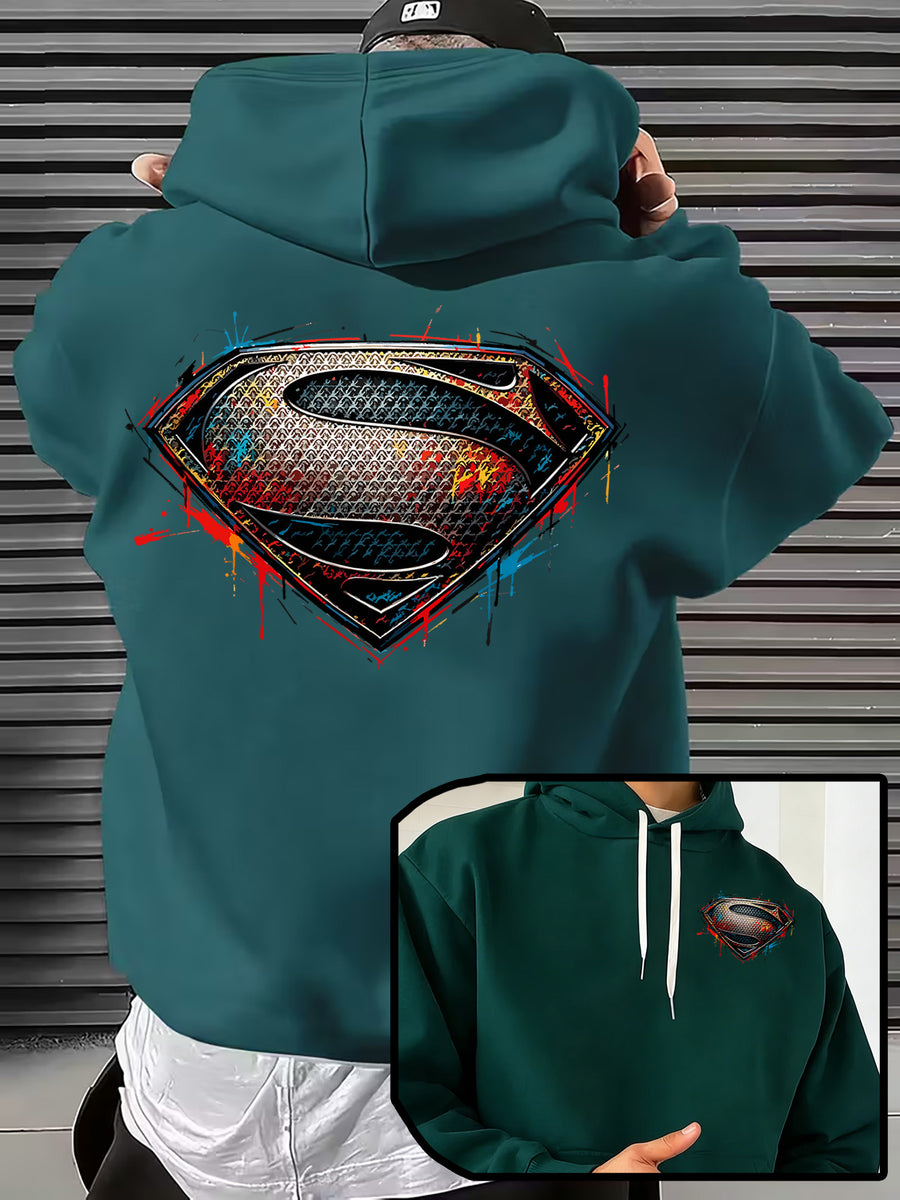 WB Men's & Unisex Superman S Logo Hoodie Sweater - Official Licensed Plush Hooded with Iconic Superman Print, Adjustable Drawstring Hood, Loose Fit for Winter Warmth, Machine Washable Casual Apparel Suitable for Autumn - Deep Green
