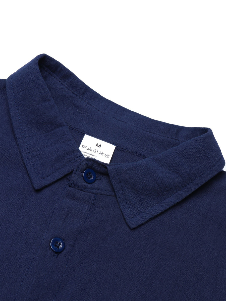 Spring/Autumn Men's California Letter Print Linen Shirt, Long Sleeve Lapel Button-Up Casual Beach Top - Navy Color
