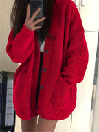 Casual V-Neck Single-Button Sweater Women'S Fall Winter Outerwear Top - Red