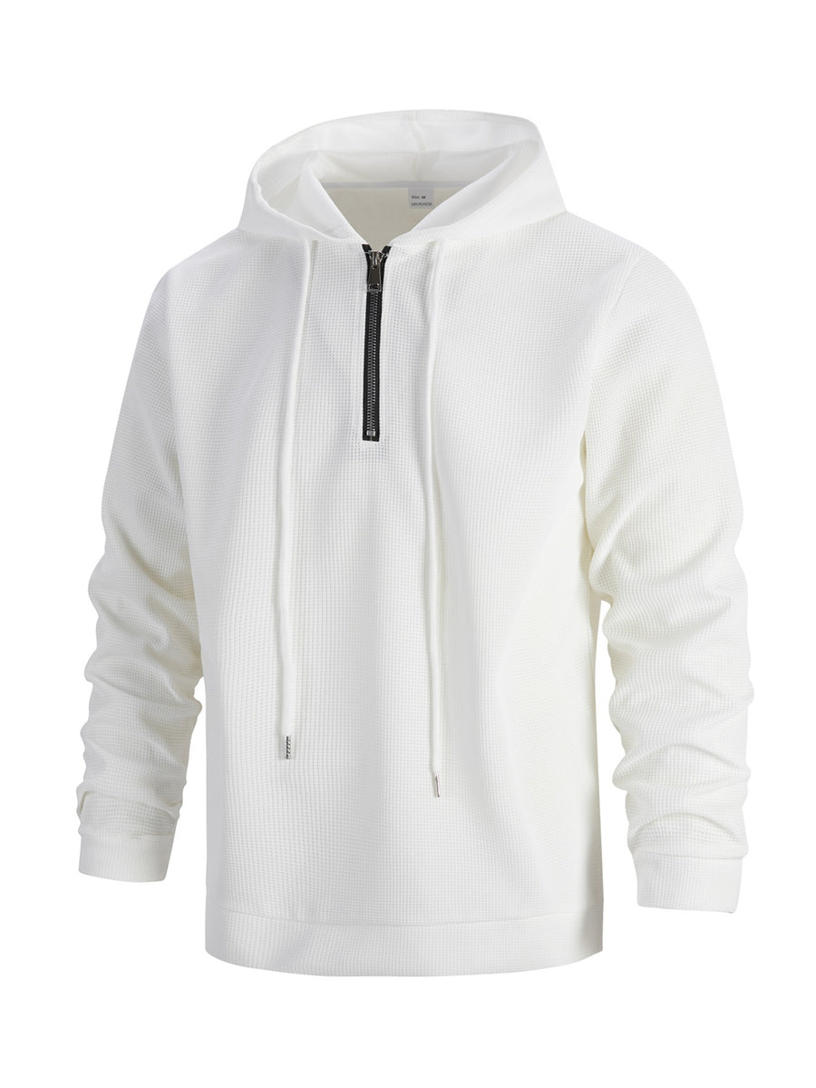 Men's Solid Color Waffle Knit Half-Zip - Lightweight Breathable Half-Zip Hoodie, Long Sleeve Casual Pullover Suitable for Streetwear, Travel, Spring & Autumn Layering, Waffle Texture - White