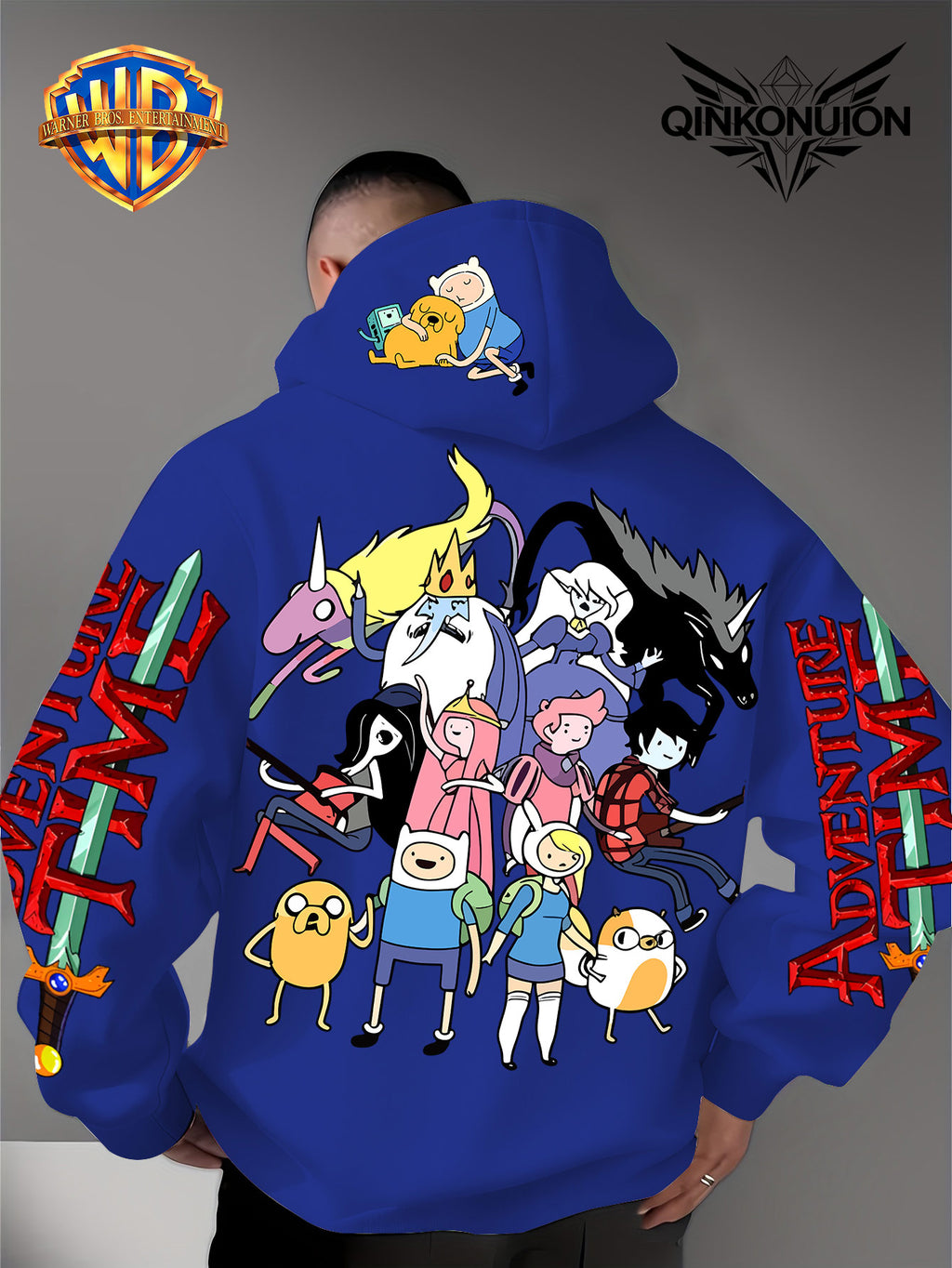 Warner Official Men's Hoodie, Adventure Treasure Full Character Gathering Adventure Print Design, Machine Washable, Warm and Casual for Autumn and Winter, Daily Drawstring Hoodie, Multifunctional Sports and Casual Loose Fit - Blue