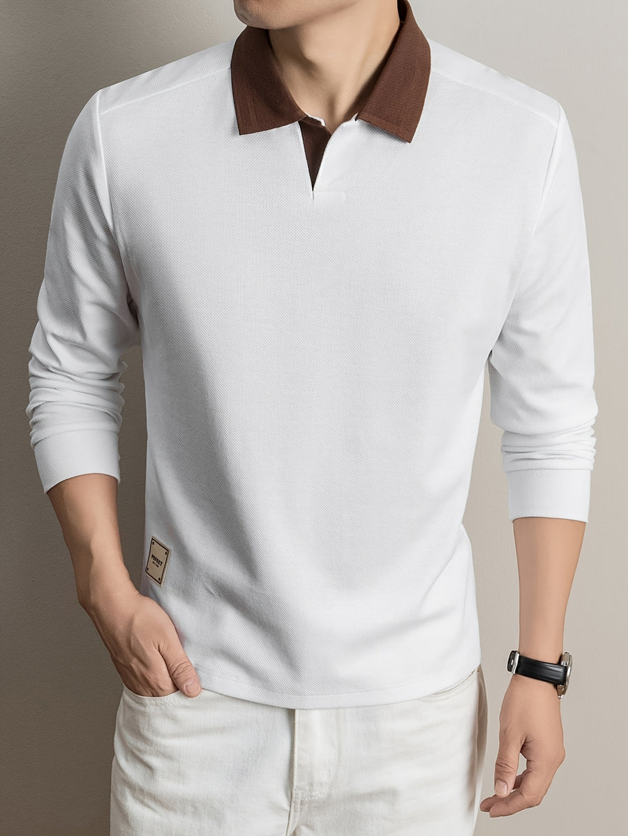 2026 Autumn Men'S Long Sleeve T-Shirt Casual Solid Color Seagull Collar Lapel POLO Shirt - White