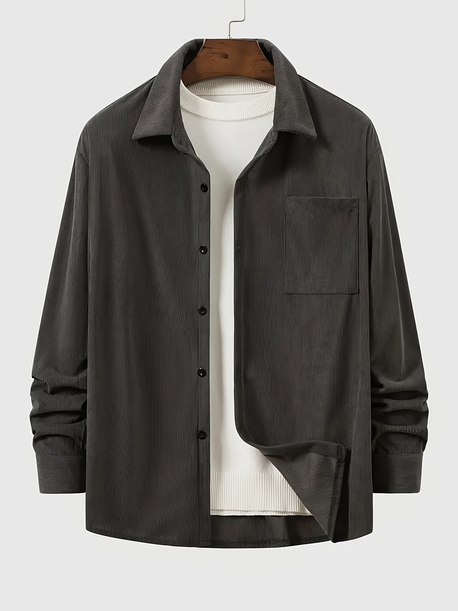 New Solid Color Spring/Autumn Men's Fashion Casual Corduroy Jacket, Lapel Single-Breasted Button Cardigan Style with Chest Pocket, Loose Fit, Can Be Worn as an Inner or Outer Layer - Dark Gray