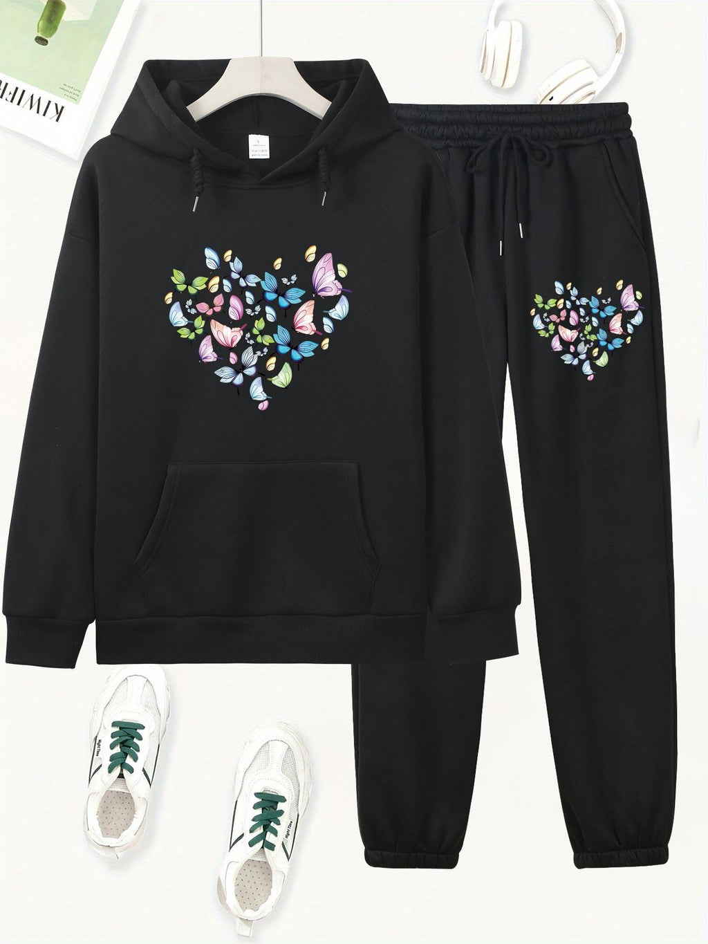 Butterfly Heart Print Hoodie And Pants Set, Casual Long Sleeve Hoodie And Jogger Set, Women'S Hooded Pocket Outfit - Black