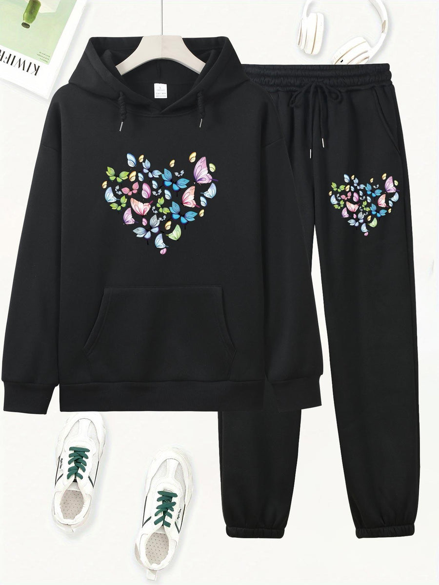 Butterfly Heart Print Hoodie And Pants Set, Casual Long Sleeve Hoodie And Jogger Set, Women'S Hooded Pocket Outfit - Black