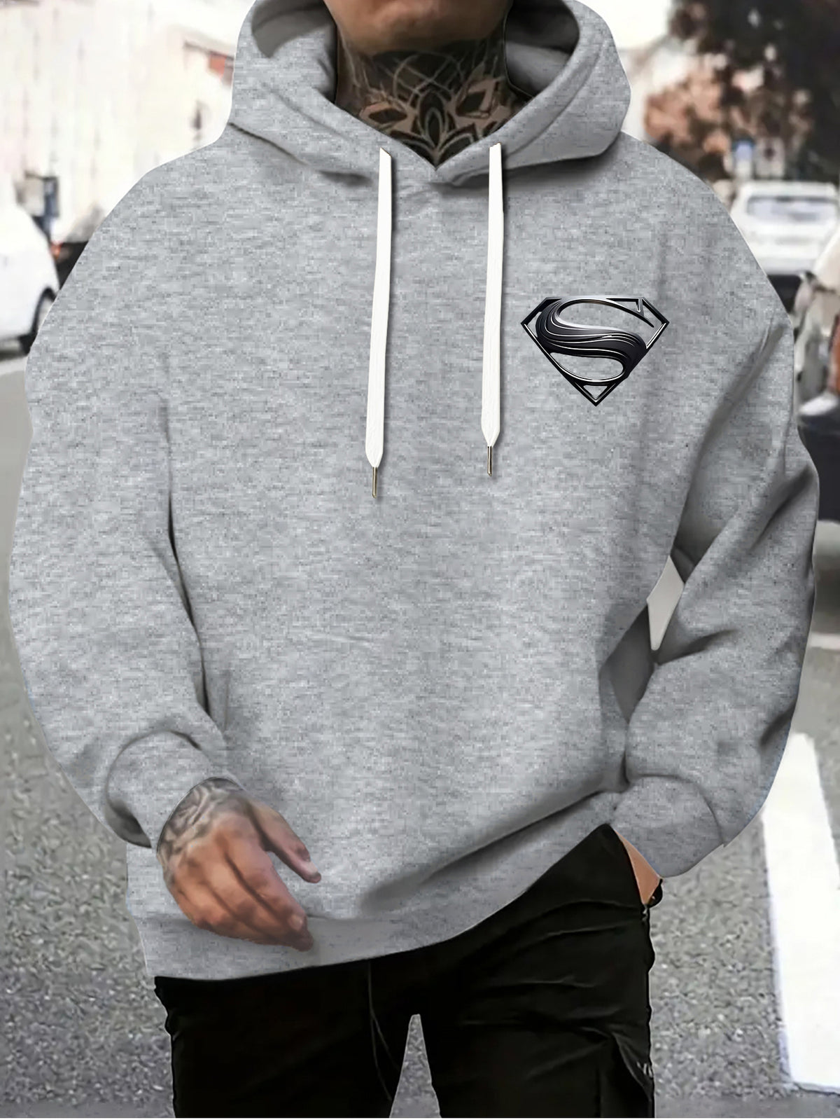 WB Warner Men'S New Trendy Hoodie, Superman Classic Logo Printed Design Hoodie, Daily Casual Drawstring Hoodie, Long Sleeve Hoodie, Machine Washable, Multifunctional Sports And Leisure Loose Fit Men'S Hoodie - Light Grey