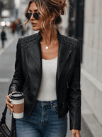 In-Stock/Women'S Casual PU Jacket, Women'S Biker Coat, Spring Autumn Motorcycle Jacket, Vacation Travel Outerwear, Retro Fashion Design - Black
