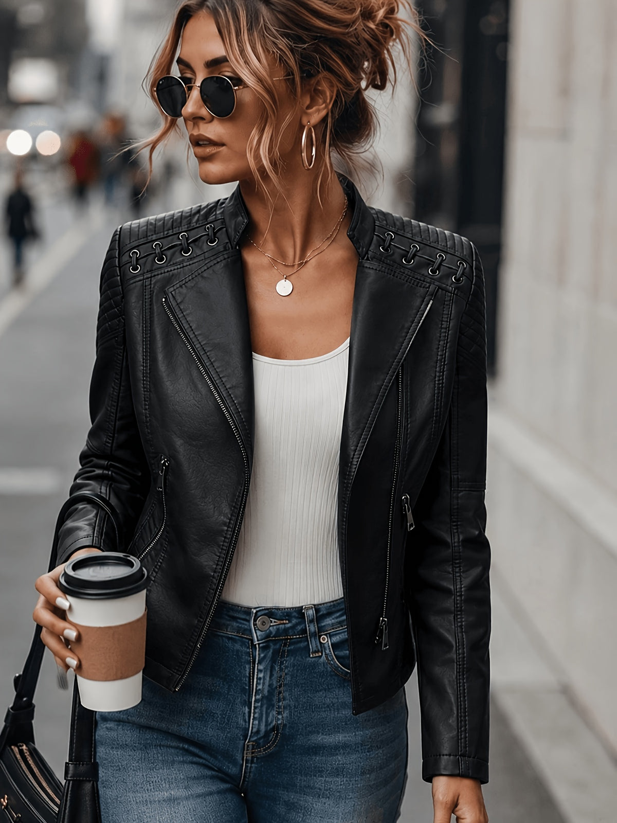 In-Stock/Women'S Casual PU Jacket, Women'S Biker Coat, Spring Autumn Motorcycle Jacket, Vacation Travel Outerwear, Retro Fashion Design - Black