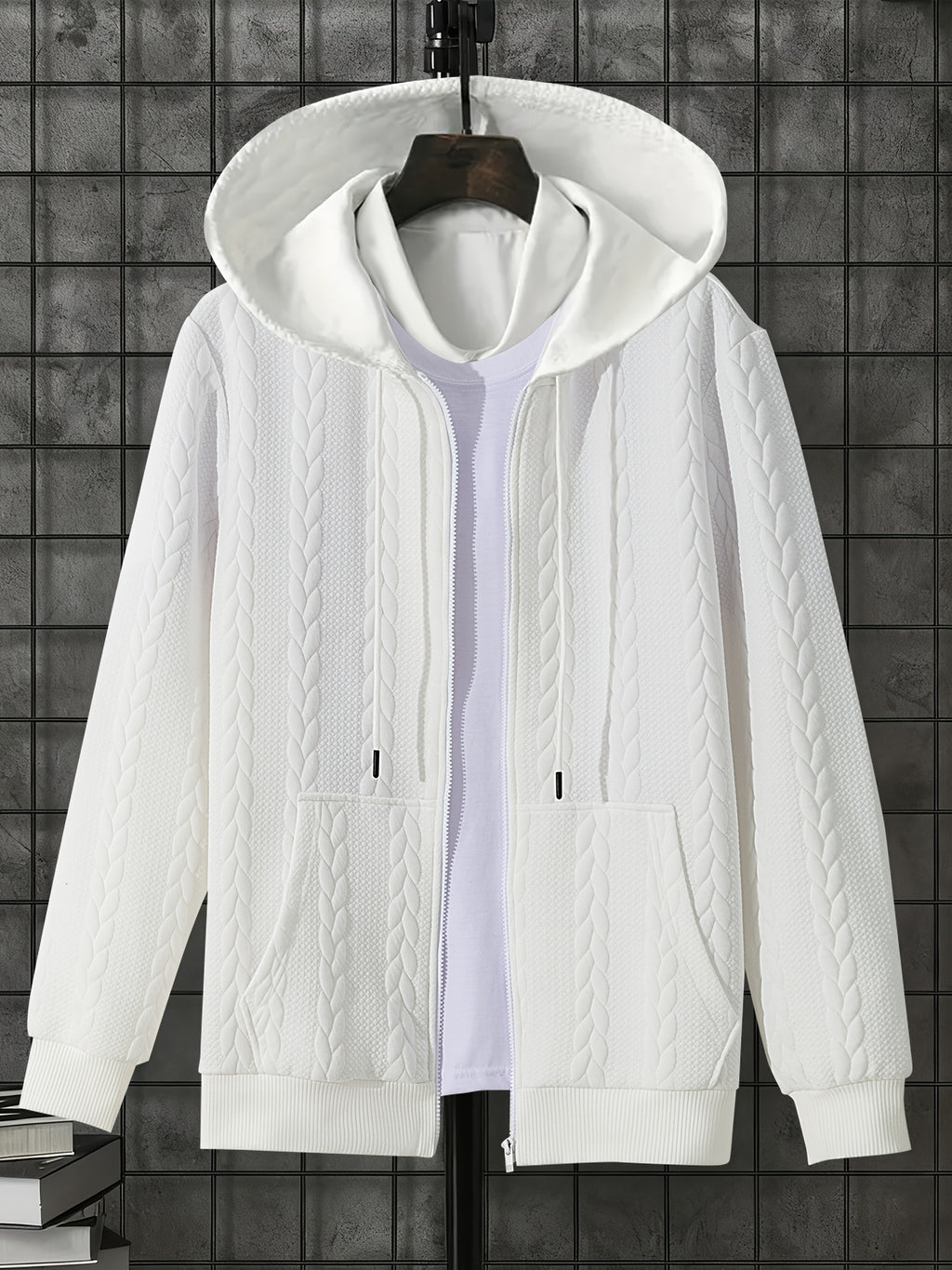 1 Men's Casual Thick Knit Hooded Shirt | High-End Soft Texture Skin-Friendly Fabric | Full Zipper Closure Design | Ribbed Cuffs | Geometric Pattern Jacquard Texture | Loose and Comfortable Fit | Soft, Skin-Friendly, Comfortable, and Warm | for Indoor - Pure White