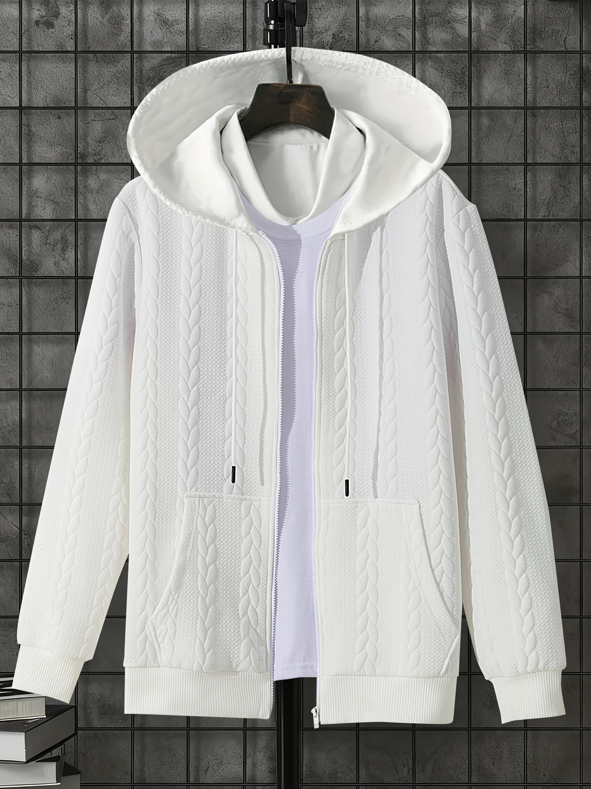 1 Men's Casual Thick Knit Hooded Shirt | High-End Soft Texture Skin-Friendly Fabric | Full Zipper Closure Design | Ribbed Cuffs | Geometric Pattern Jacquard Texture | Loose and Comfortable Fit | Soft, Skin-Friendly, Comfortable, and Warm | for Indoor - Pure White