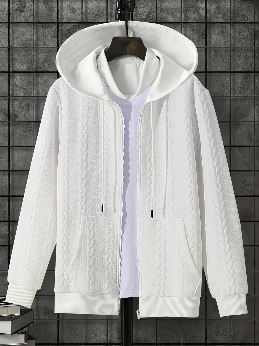 1 Men's Casual Thick Knit Hooded Shirt | High-End Soft Texture Skin-Friendly Fabric | Full Zipper Closure Design | Ribbed Cuffs | Geometric Pattern Jacquard Texture | Loose and Comfortable Fit | Soft, Skin-Friendly, Comfortable, and Warm | for Indoor - Pure White