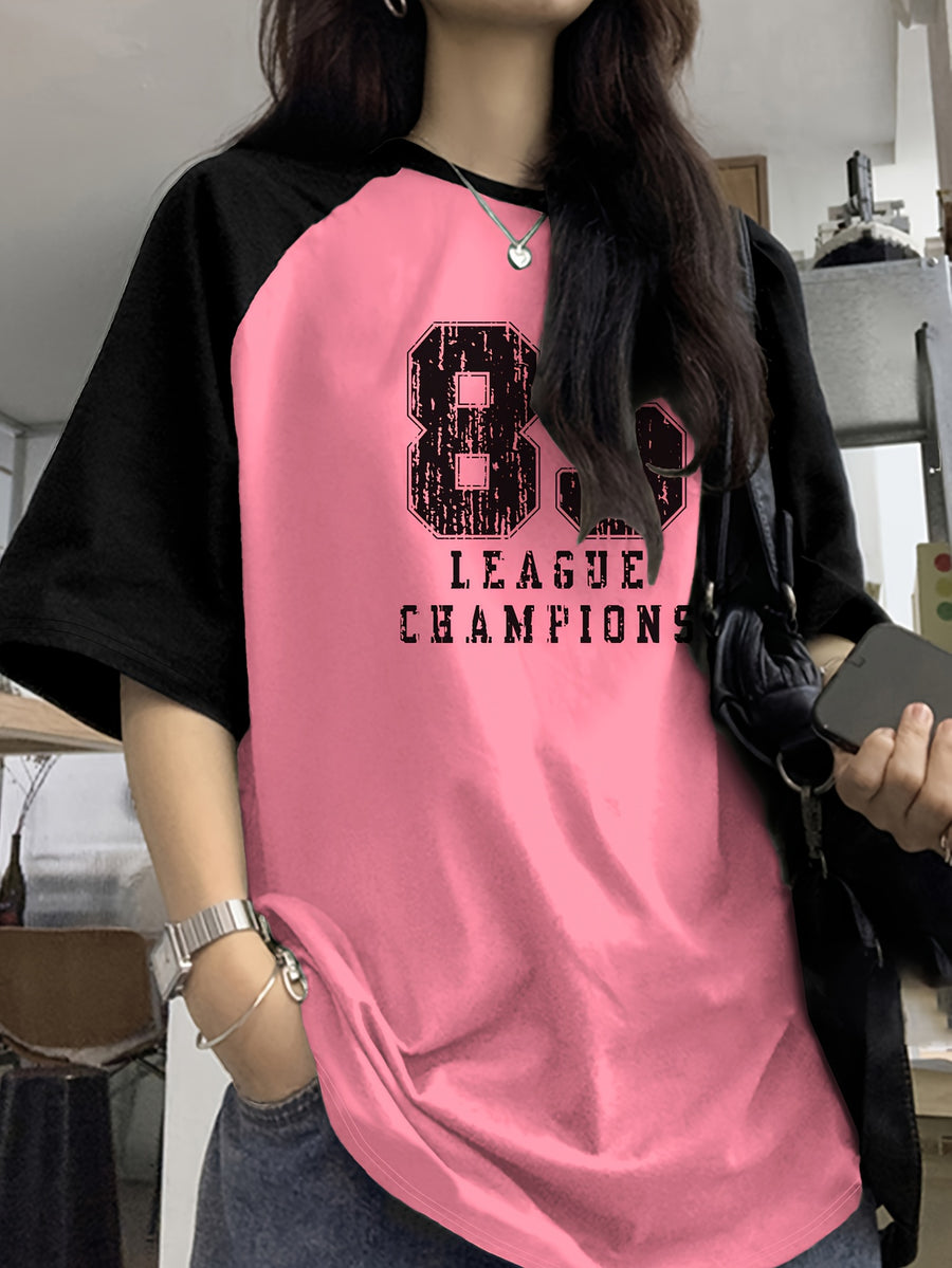 Letter Print Drop Shoulder T-Shirt, Short Sleeve Crew Neck Casual Top for Spring & Summer, Women'S Clothing - Pink